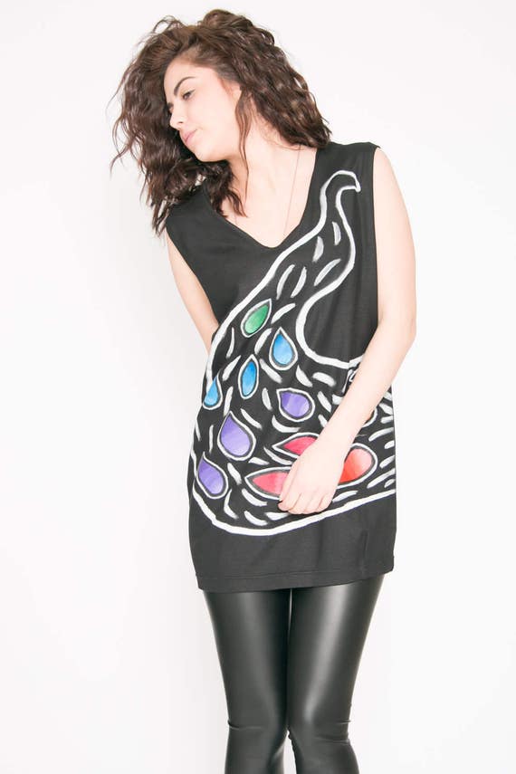 Hand Painted Dress/Peacock Dress/Red Blue Greed Dress/Urban Tunic/Handmade Cotton Dress/V-Neck Dress/Over The Knee Dress/Idualist by Vestefa