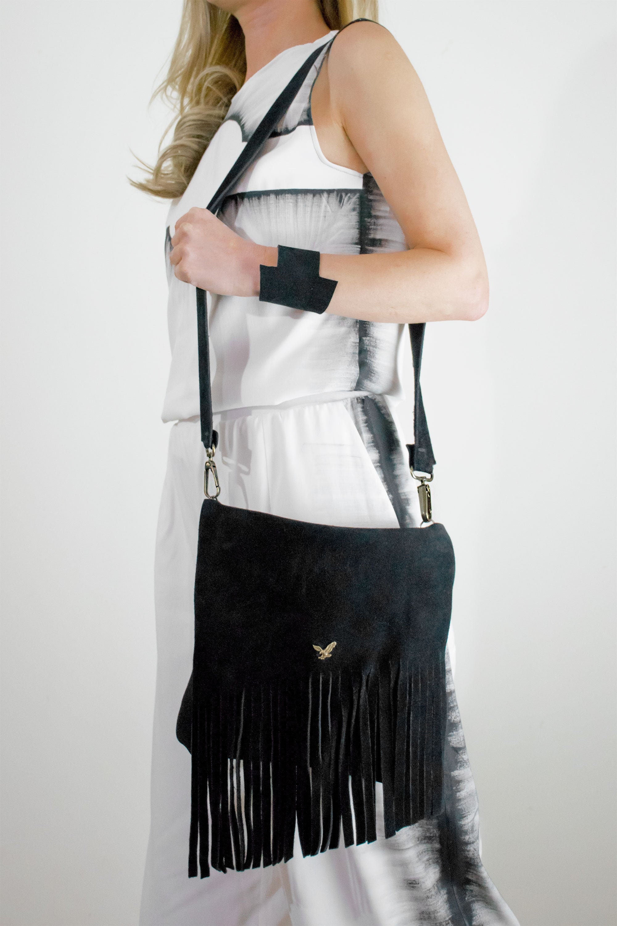 Fringe boho style handbag made of genuine leather in black/Romantic casual crossbag in suede soft leather/idualist by Vestefa