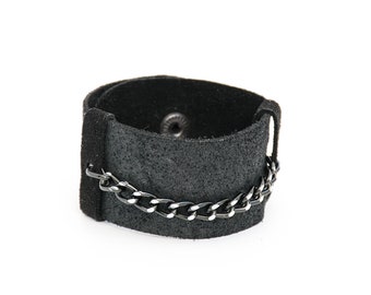 Unisex chain leather bracelet/Black lambskin cuff bracelet with antique black chain/Soft genuine leather bracelet/Idualist by Vestefa