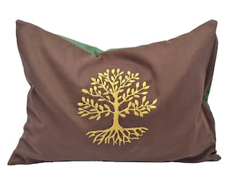 Coussin énergétique marron avec l'arbre de vie, coussin à base de plantes, coussin de soutien, coussin câlin