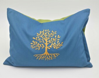 Énergie - coussin bleu avec l'arbre de vie, coussin à base de plantes, coussin de soutien, coussin câlin, coussin de yoga, pin parasol