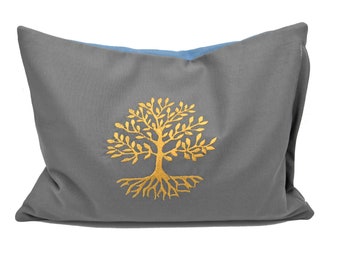 Énergie - coussin gris avec l'arbre de vie, coussin à base de plantes, coussin de soutien, coussin câlin, coussin de yoga, pin parasol