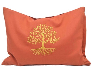 Énergie - Oreiller orange avec l'arbre de vie, oreiller à base de plantes, oreiller de soutien, oreiller câlin, oreiller de yoga, pin parasol