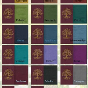 Puede incluir: Una tabla con 16 muestras de color, cada una con un gráfico de árbol y una palabra alemana que describe el color. Los colores incluyen Ockergelb, Hellrost, Rostrot, Pistazie, Moosgrün, Petrol, Marine, Rauchblau, Schwedenblau, Smaragt, Flieder, Beere, Bordeaux, Schoko, Steingrau, Creme y Baumwollplüsch.