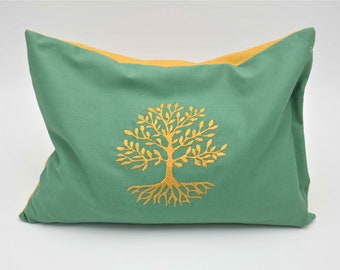 Coussin énergétique vert menthe avec l'arbre de vie, coussin à base de plantes, coussin de soutien, coussin câlin, coussin de yoga, pin parasol