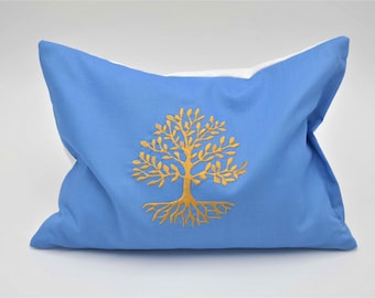 Coussin énergétique bleu clair avec l'arbre de vie, coussin à base de plantes, coussin de soutien, coussin câlin, coussin de yoga, pin parasol