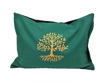 Coussin énergétique vert avec l'arbre de vie, coussin à base de plantes, coussin de soutien, coussin câlin