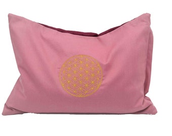 Coussin énergétique vieux rose avec la fleur de vie