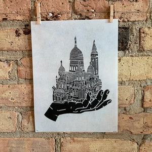 Basilica Sacre Coeur Hand | Sacré-Cœur, Monmartre, Paris, France | Handscape | Linocut Print | hnPrints