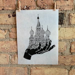 Saint Basil&#39;s Cathedral Hand | Cathedral of Vasily the Blessed | Handscape | Linocut Print | hnPrints