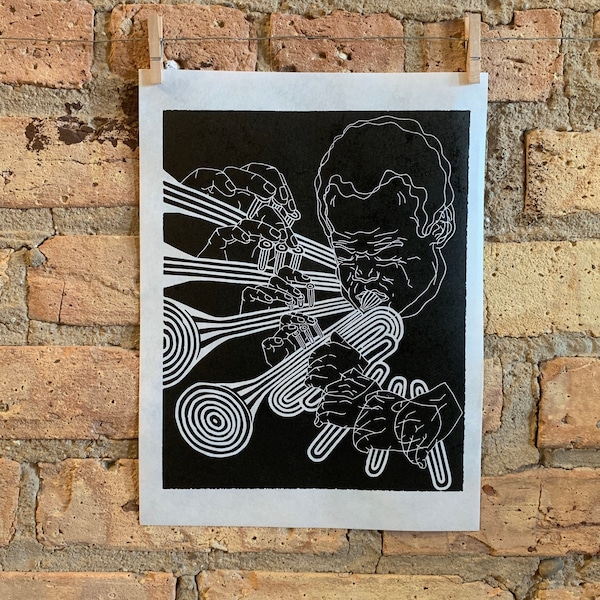 Miles Davis, 1969 | Jazz Trumpet | Linocut Print | hnPrints