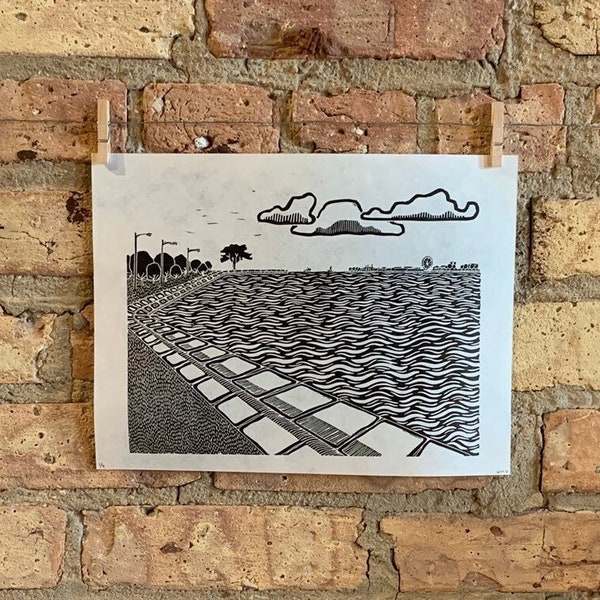 Lake Shore Drive 05 | Navy Pier / North Ave Beach | Linocut Print | hnPrints