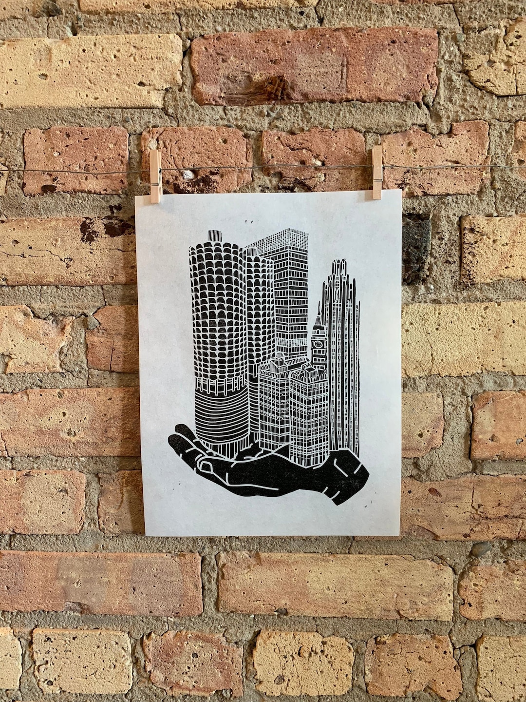 Handscape River North + Magnificent Mile / Chicago | Handscape | | Linocut Print ...