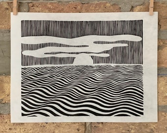 Sunrise, Lake Michigan / Moiré Test 19 | Lichtenstein Inspired | Seascape | Linocut Print | hnPrints