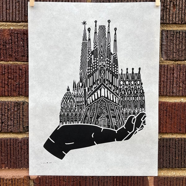 Sagrada Familia Hand | Antonio Gaudi | Handscape | Linocut Print | hnPrints