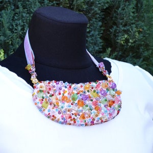 Cute statement fabric rainbow bib collar necklace in Boho style Party textile multicolor embroidery beads bib collar Dainty chunky fiber bib