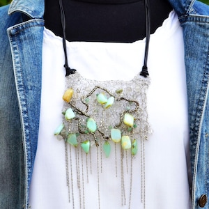 Dainty silver wire crochet collar choker necklace with blue jade nephrite and moonstone Statement wire lace bib necklace with chain