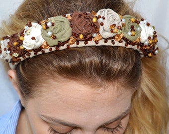 Party cotton beige embellished womens padded headband tiara with roses and beads Romantic adult flowers embroidered wide headband tiara