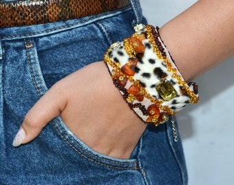 Healing amber wrist bracelet with leopard print Statement adjustable womens cuff Adult fabric hand cuff bracelet