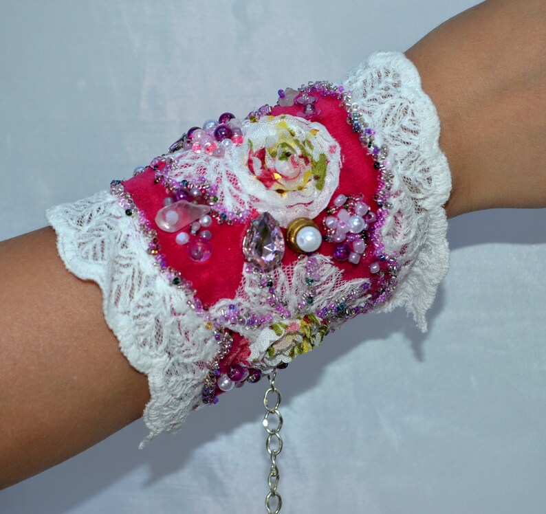 Red White Wide Fabric Cuff Bracelet With Roses Lace Rose Quartz Pearls