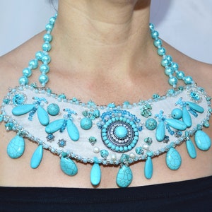 Turquoise necklace Blue statement turquoise pearl bib collar necklace with butterfly Fabric gemstone beaded necklace