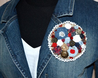 Large fabric rustic bouquet brooch with rolled roses beads rhinestones for lapel in Boho style Cute big fabric flowers textile brooch