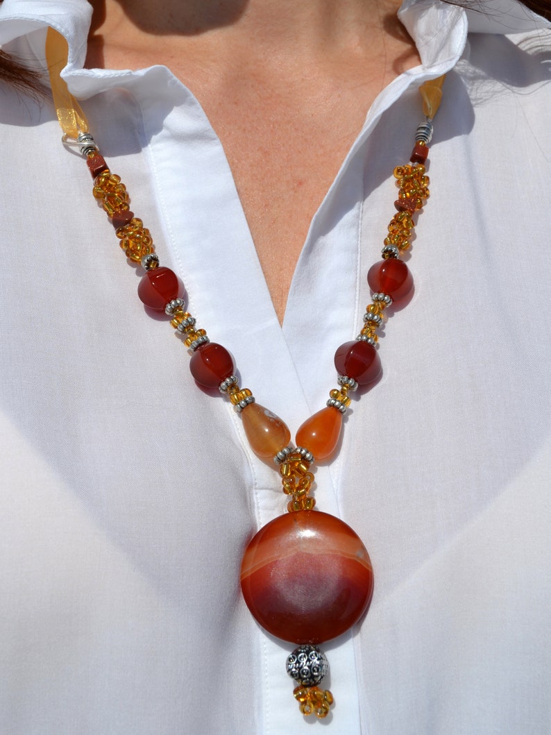 Dainty carnelian necklace with large pendant Adjustable love necklace Cute orange necklace Gemstone energy necklace