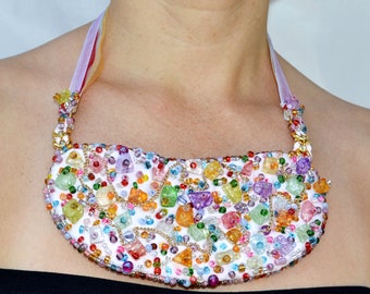 Cute statement fabric rainbow bib collar necklace in Boho style Party textile multicolor embroidery beads bib collar Dainty chunky fiber bib