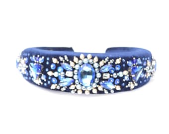 Luxury blue embellished velvet womens padded headband tiara with pearl and rhinestones Romantic adult party embroidered wide headband tiara