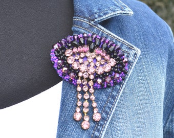 Luxury purple statement embroidery womens brooch with hematite crystal and beads for shirt