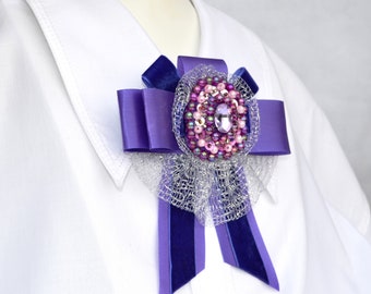 Purple womens tie bow brooch Luxury statement brooch with beads ribbon lace and crystal Textile embroidery beaded brooch for shirt