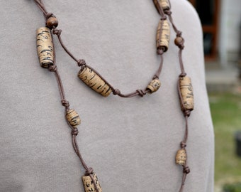 Long beige recycled rolled paper bead necklace with letters First paper anniversary gift necklace Gift for book lover