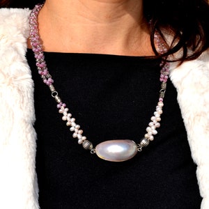 Pink Mother of Pearl and white pearls necklace for women Dainty chunky shell necklace for adult Pink white necklace