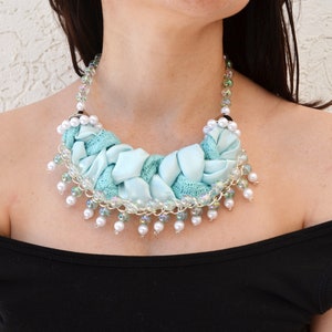 Aquamarine braid textile bib necklace with pearls beads and chain Fabric chunky herringbone bib Fiber aquamarine color necklace