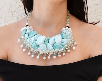 Aquamarine braid textile bib necklace with pearls beads and chain Fabric chunky herringbone bib Fiber aquamarine color necklace