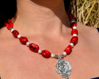 Trendy Red Coral & White Pearls Necklace with Rose Pendant: Boho Statement Jewelry