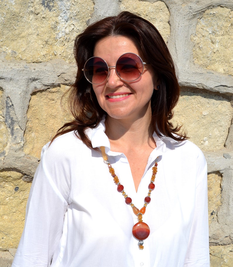 Dainty carnelian necklace with large pendant Adjustable love necklace Cute orange necklace Gemstone energy necklace
