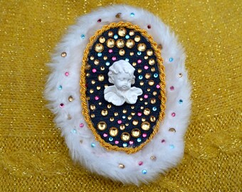 Large oval black white statement textile brooch for shirt with angel crystals and faux fur Big luxury fabric embroidered brooch for lapel