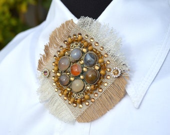 Large handmade designer beige statement brooch with antique seven colorful agates Big fabric embroidery lapel brooch