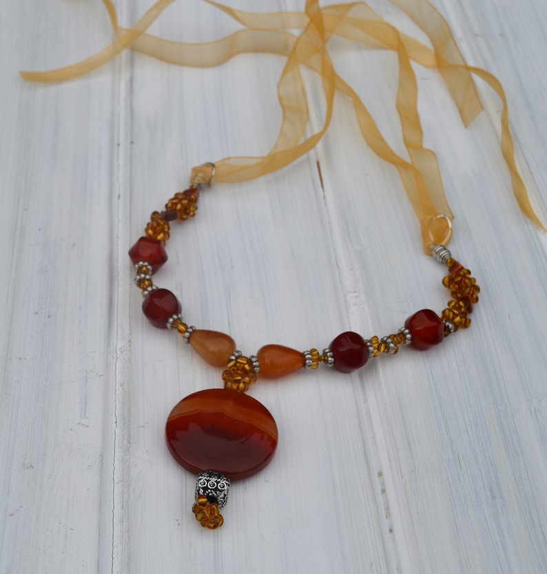Dainty carnelian necklace with large pendant Adjustable love necklace Cute orange necklace Gemstone energy necklace