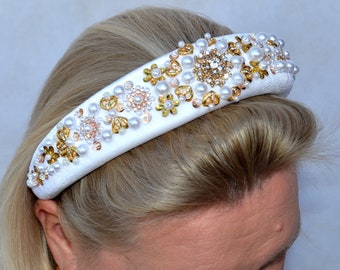 Luxury white gold embellished velvet womens padded headband tiara with crystals pearls and rhinestones Party embroidered wide headband tiara