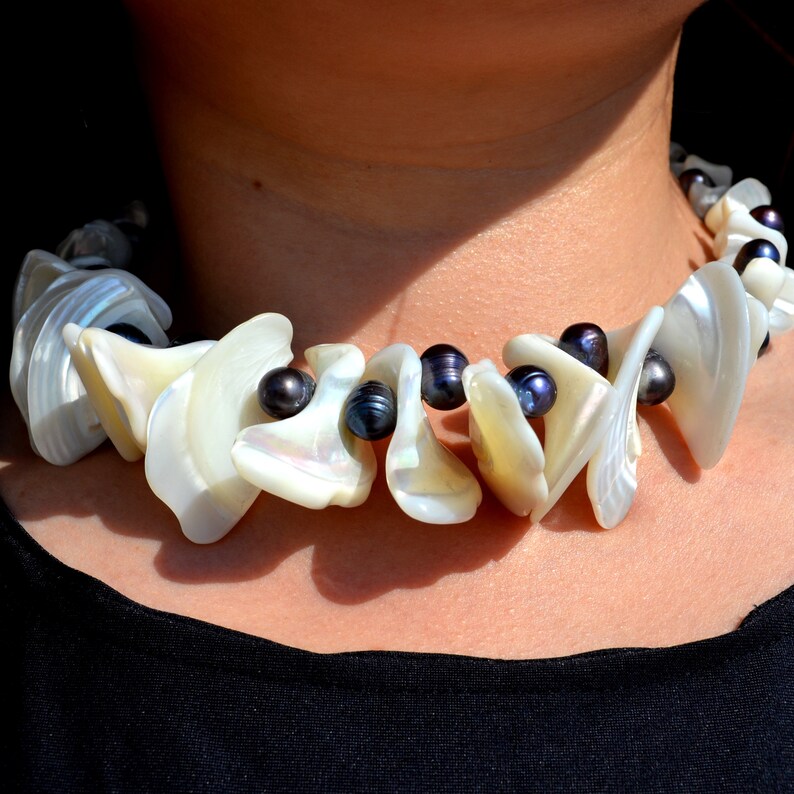 June Cancer necklace Short black white necklace Gemstone choker boho necklace Elegant black pearls and white Mother-of-Pearl necklace
