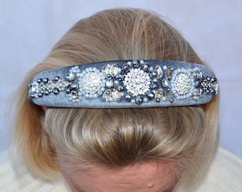 Luxury gray embellished velvet womens padded headband tiara with pearl and rhinestones Adult party embroidered wide statement headband tiara
