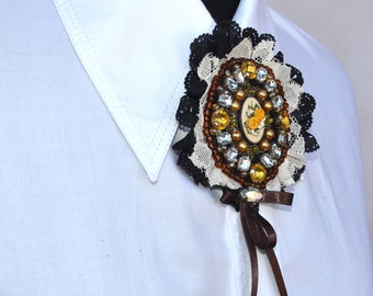 Textile brooch with lace bead crystal and antique locket for shirt Large embroidery black white brown brooch with roses for lapel