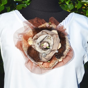 Romantic fur brooch Brown beige brooch in shape of rose with milk fur and lace Large textile brooch for shirt Big embroidery fabric fur rose