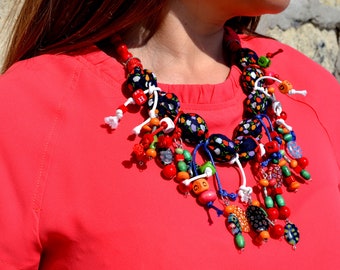 bib necklace online Blue red chunky textile bib necklace with fringe Multicolor gypsy fabric necklace Big beads knot necklace Colorful adult choker necklace