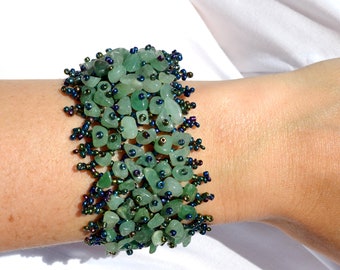 Green beadwork jade nephrite bracelet cuff Wide statement wrist hand bracelet Bangle healing gemstone cuff