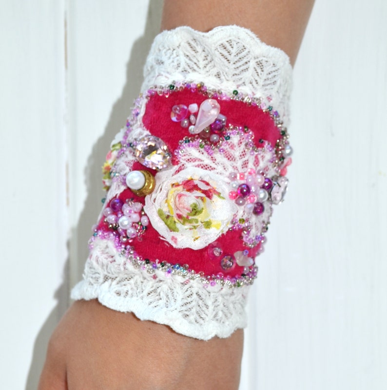 Red White Wide Fabric Cuff Bracelet With Roses Lace Rose Quartz Pearls