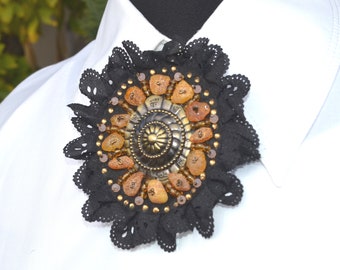 Black lace statement brooch for shirt with bronze element with runes amber rhinestones and beads Large fabric embroidered brooch for lapel