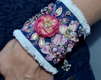 Blue pink wide fabric cuff bracelet with rose pearls beads and crystal Cute jeans wrist hand cuff Big cotton adjustable cuff bracelet